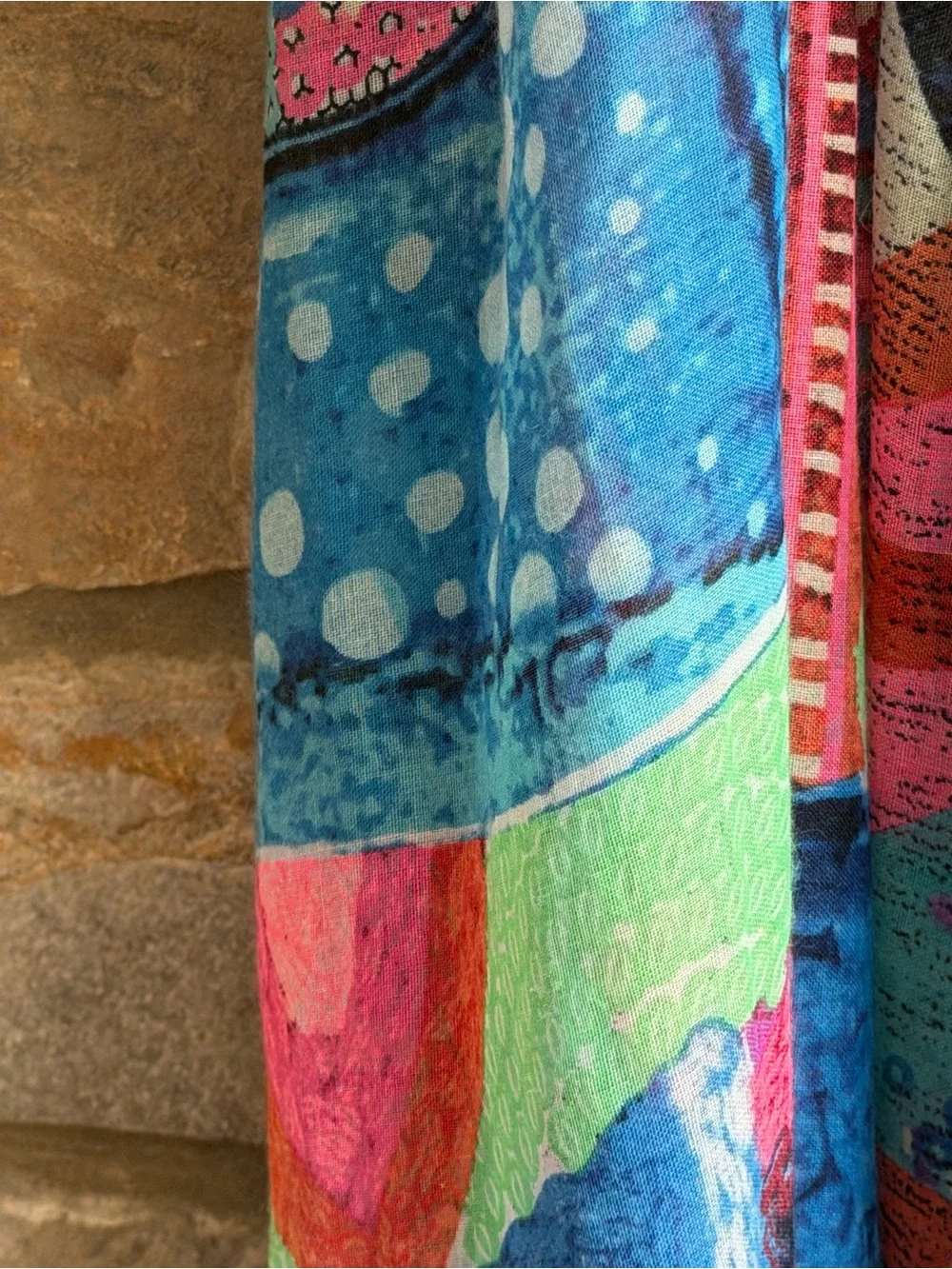 Desigual Blue Patchwork Tassel Scarf | Lightweight Colorful Wrap Shawl